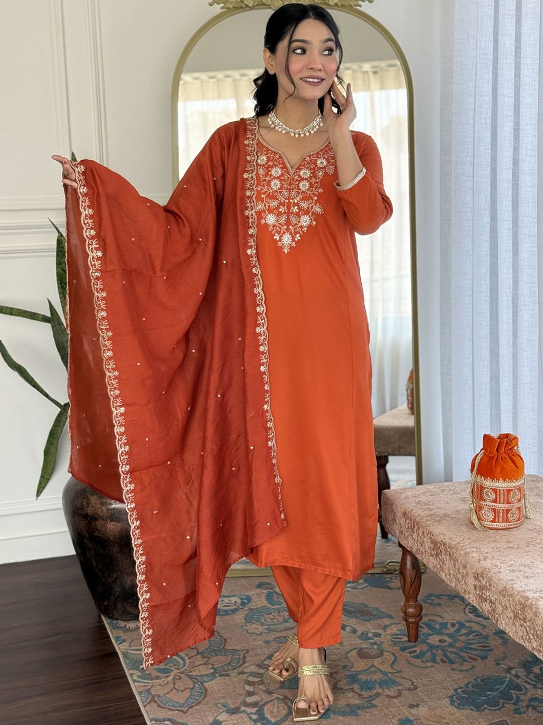 

BAPS Women Embroidered Sequinned Kurta, Orange