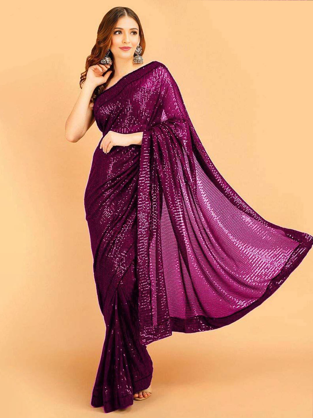 

ANJANI TEXTILE Embellished Sequinned Poly Georgette Heavy Work Saree, Purple