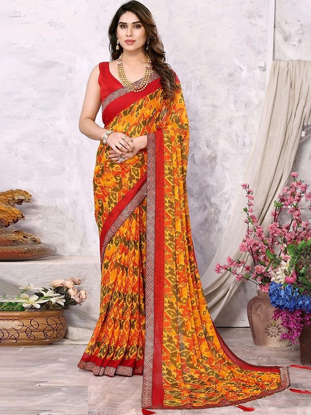 

Styleveda Pure Georgette Block Print Saree, Yellow