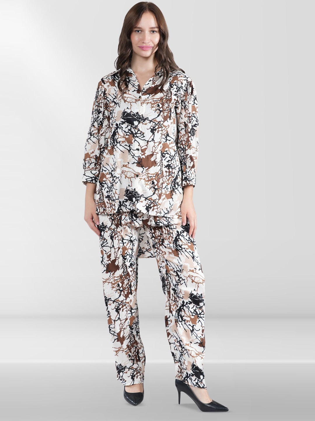 

Belfry Printed Collared High Low Shirt & Trouser Co-Ord Set, Brown
