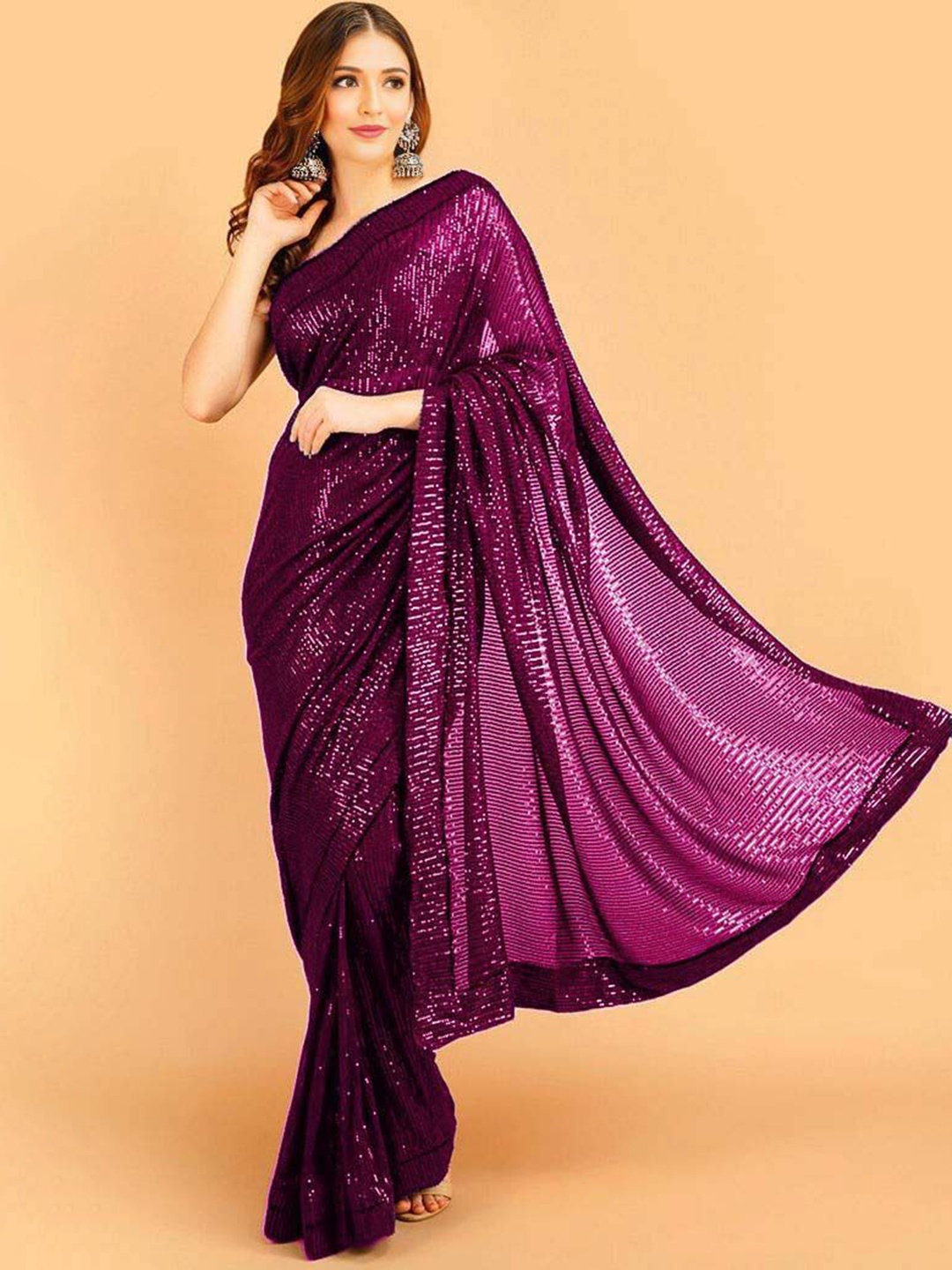 

ANJANI TEXTILE Embellished Sequinned Poly Georgette Heavy Work Saree, Purple