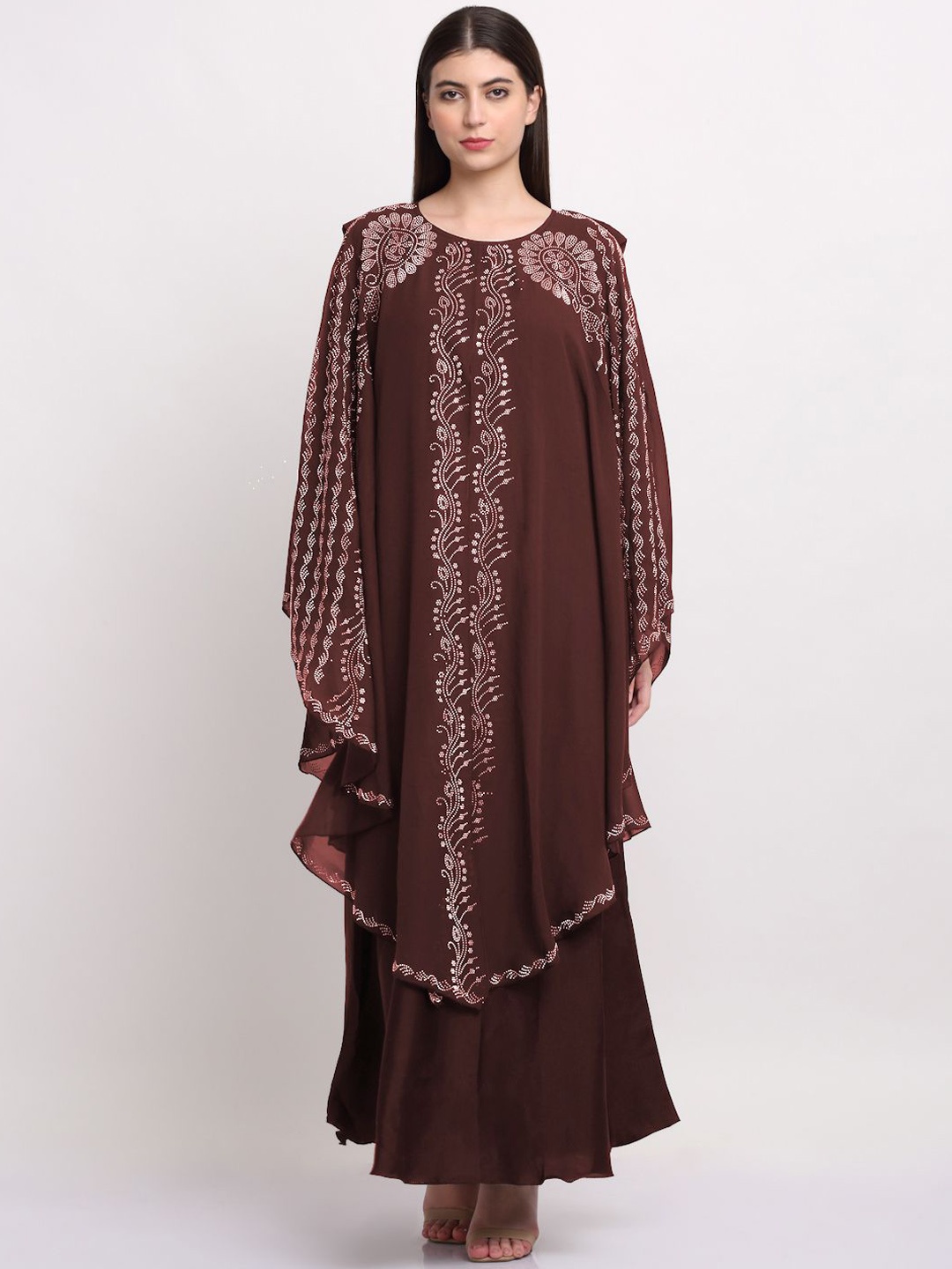 

Arrabi Embellished Detail Round Neck Indian Ethnic Burqa With Scarf, Brown