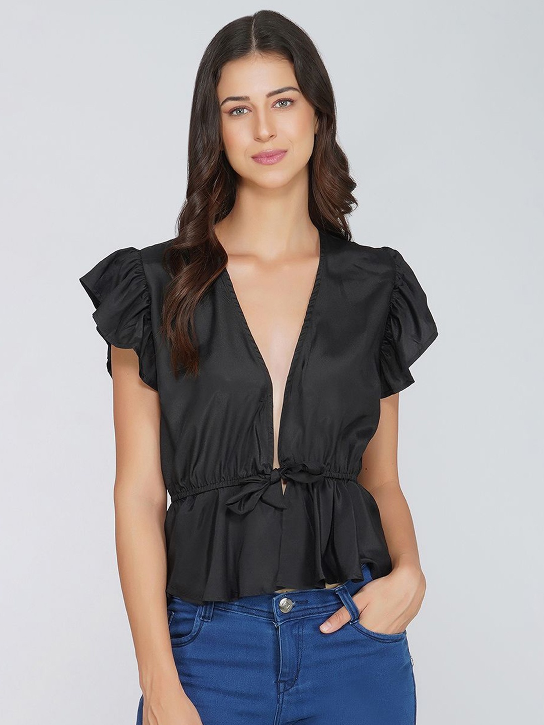 

SZN Flutter Sleeve Cotton Top, Black