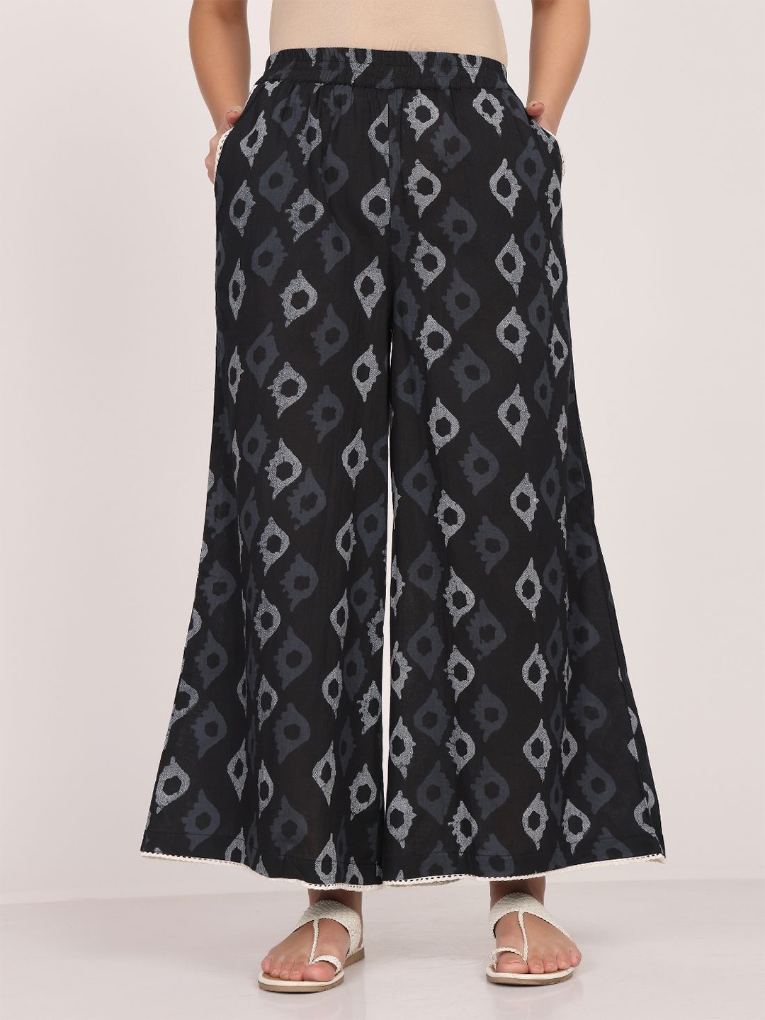 

SAVI Women Ethnic Motifs Printed Knitted Ethnic Palazzos, Green