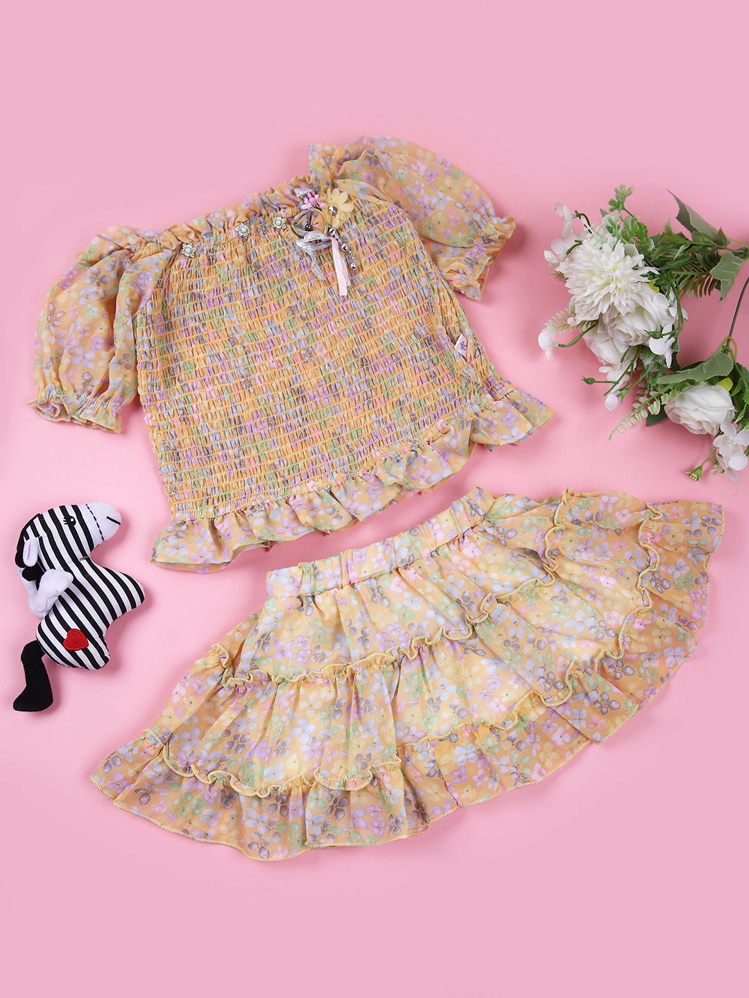 

V-Mart Girls Printed Top with Skirt, Yellow