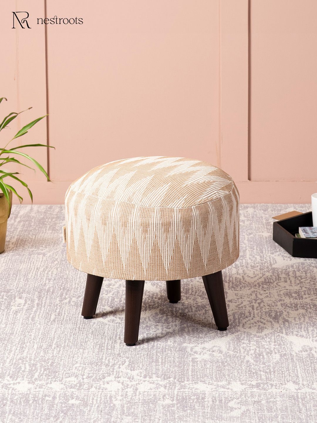 

nestroot Beige & White Crest Jacquard Wooden Ottoman