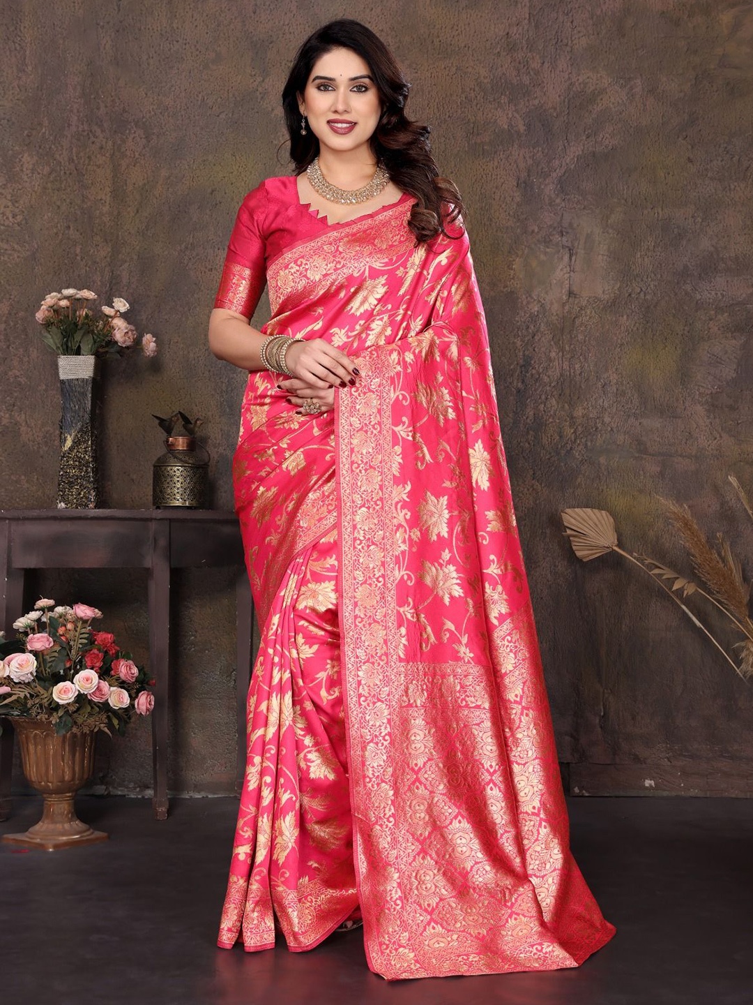 

BLEESBURY Woven Design Zari Pure Silk Banarasi Saree, Pink