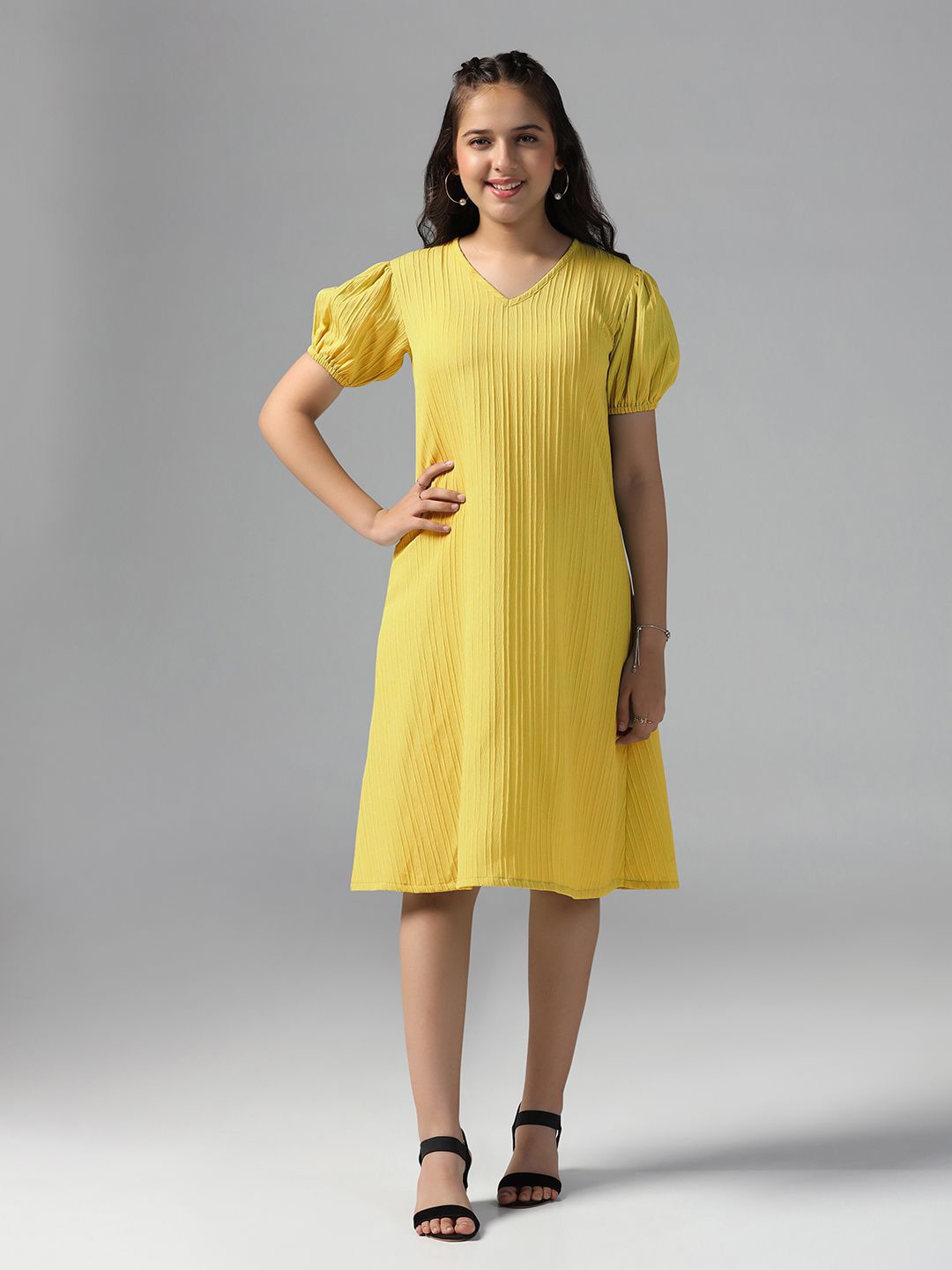 

YK Puff Sleeve A-Line Dress, Yellow