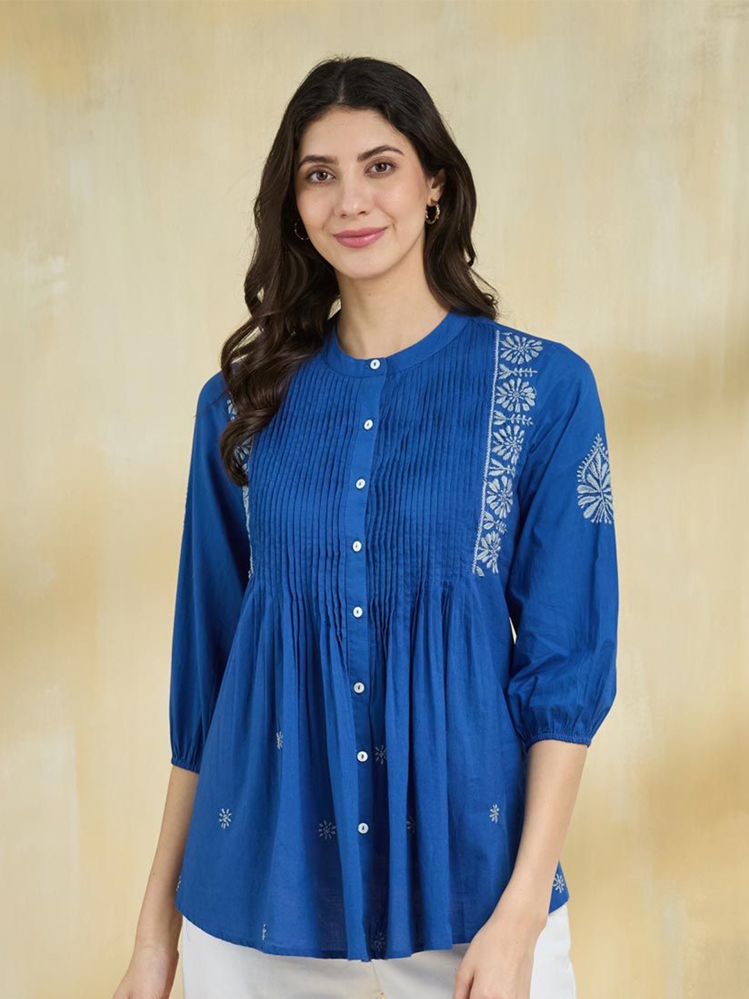 

Fabindia Mandarin Collar Embroidered Tunic, Blue