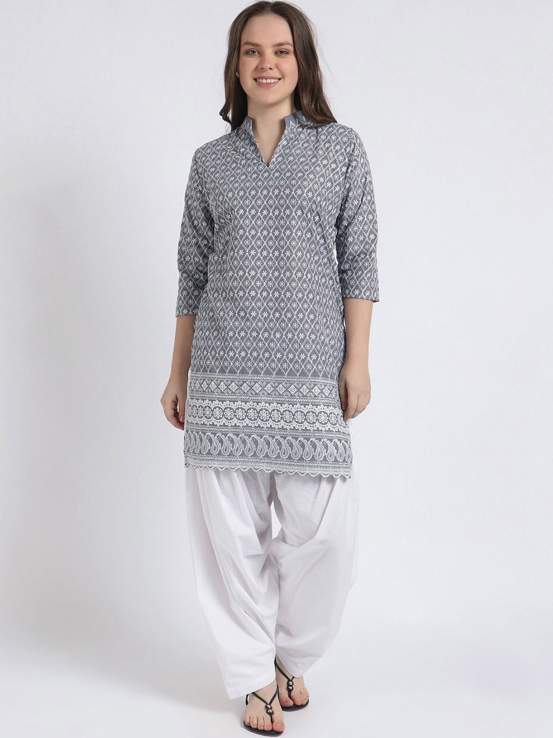 

Trendzmy Women Floral Embroidered Regular Kurti with Salwar, Grey
