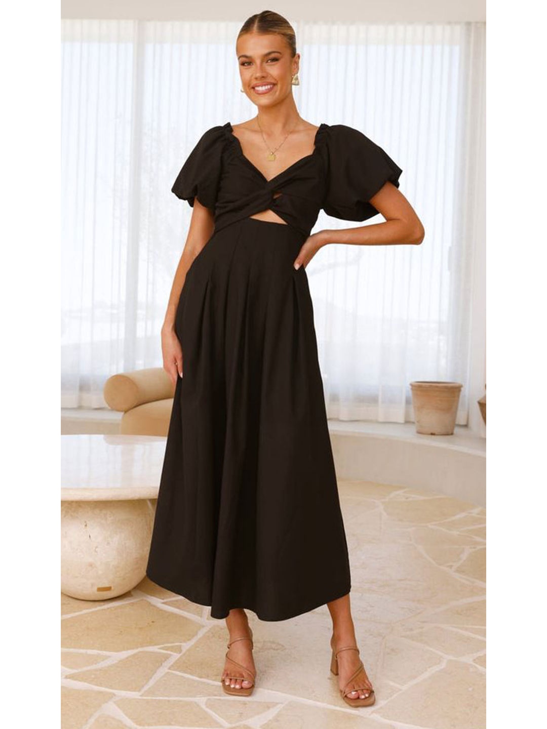 

MIAKEE Flutter Sleeve Fit & Flare Maxi Dress, Black