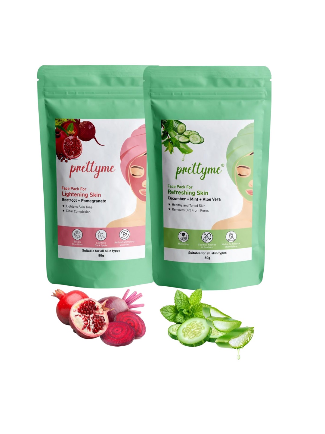 

Prettyme Set Of 2 Cucumber Aloe Vera Pomegranate & Beetroot Powder Face Pack - 80 g Each, Red