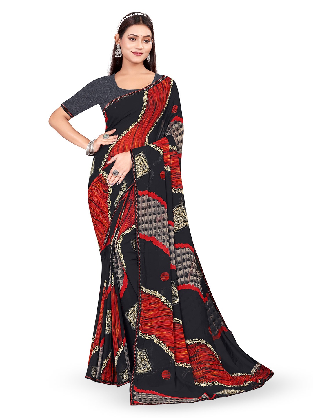 

shree krishna fashion Poly Georgette Saree, Black
