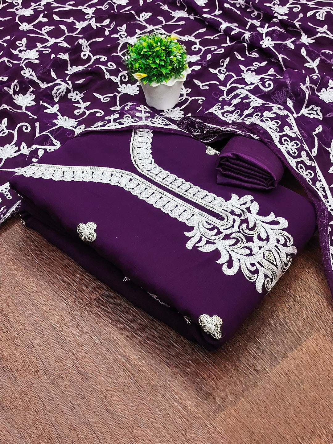 

SHADOW & SAINING Embroidered Silk Georgette Unstitched Dress Material, Purple