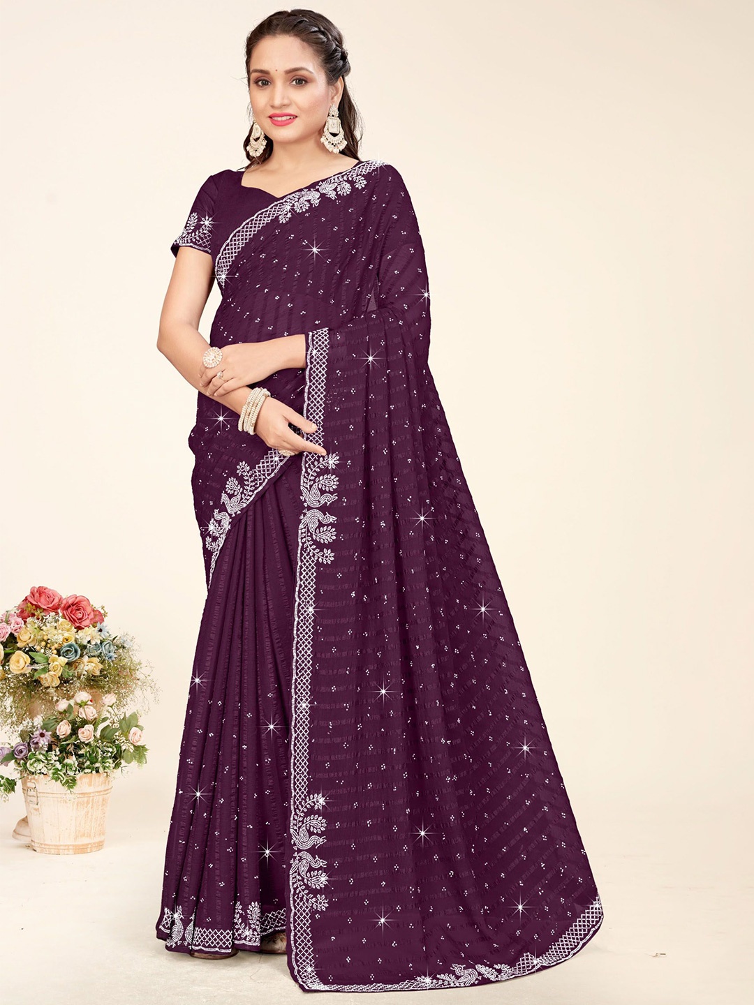 

KEERAT FASHION Embellished Beads and Stones Poly Georgette Chanderi Saree, Purple