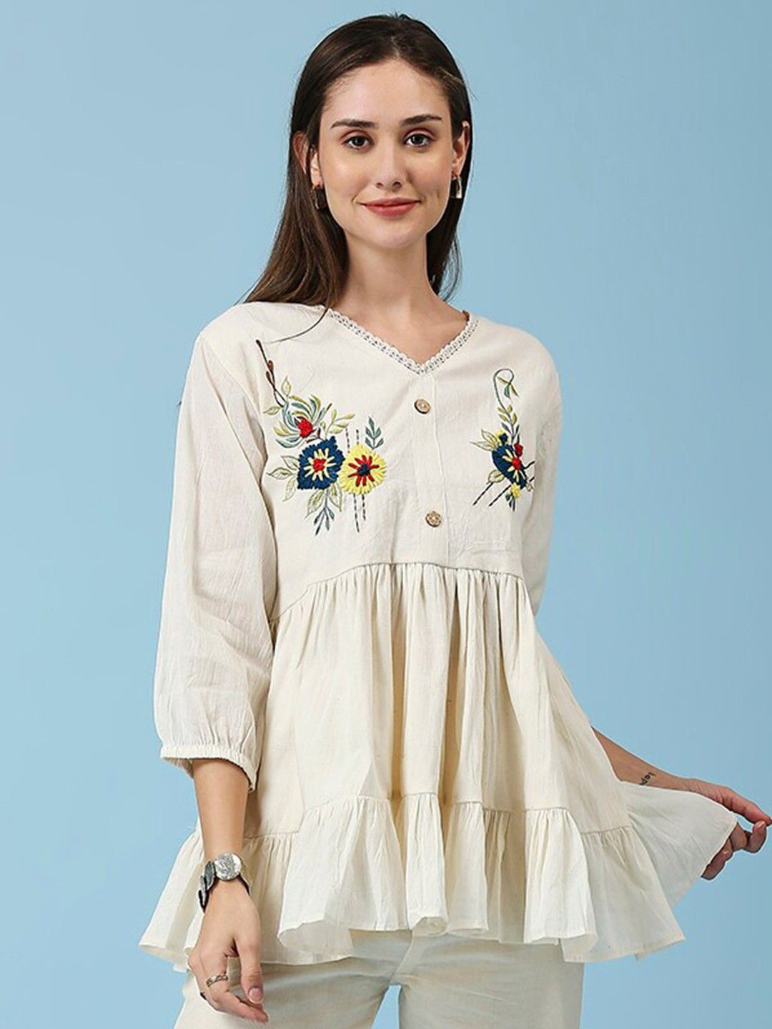 

Hitarth Fashion Floral Embroidered Cotton Top, Off white