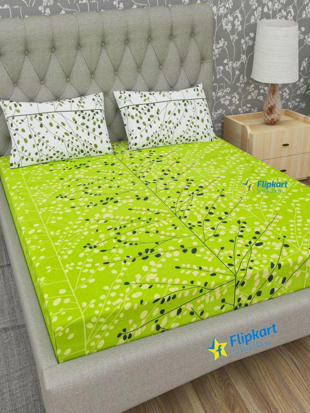 

Cosito Green & White 144 TC Queen Bedsheet with 2 Pillow Covers
