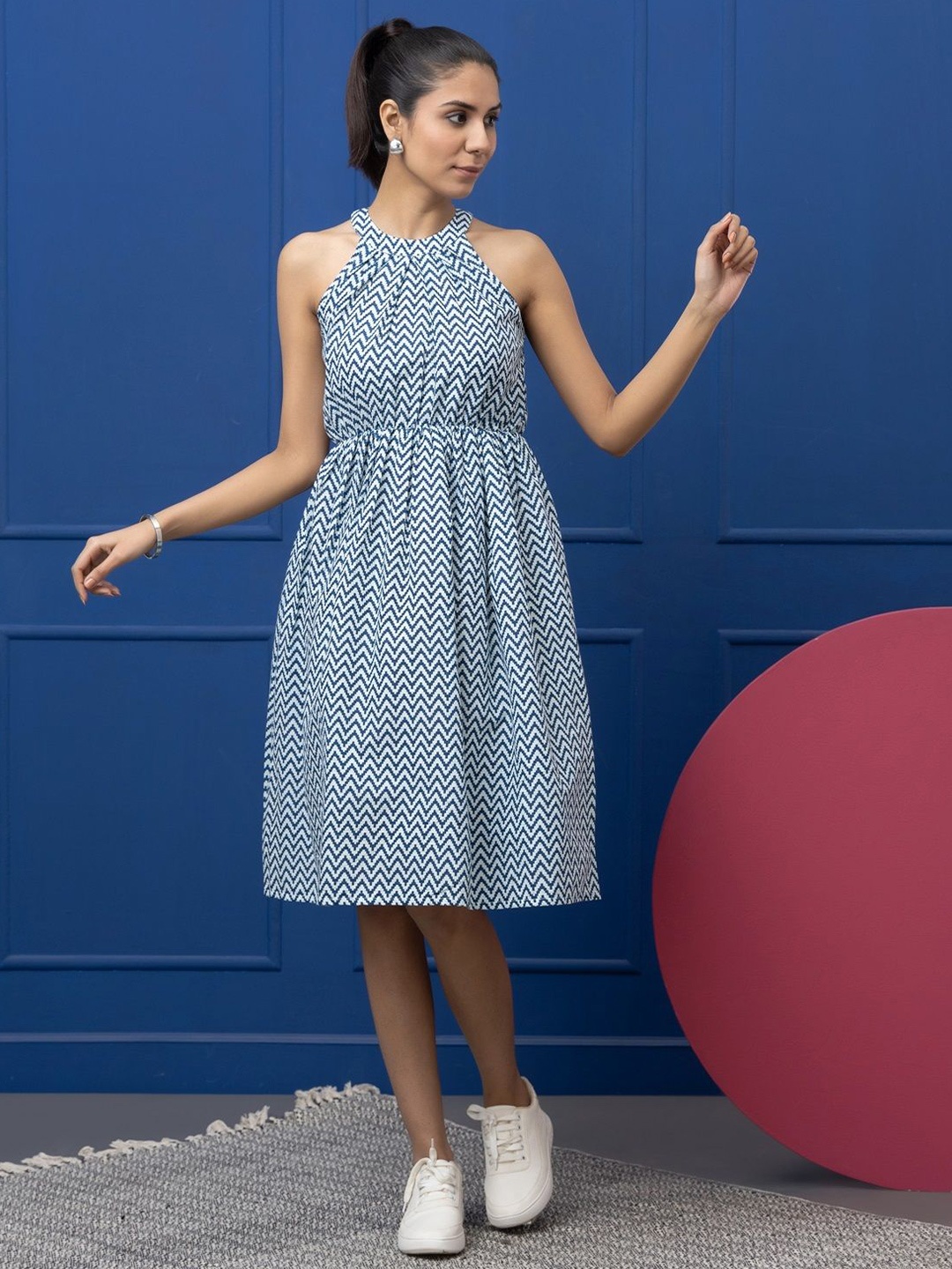 

SAKA DESIGNS Print Fit & Flare Midi Dress, Blue