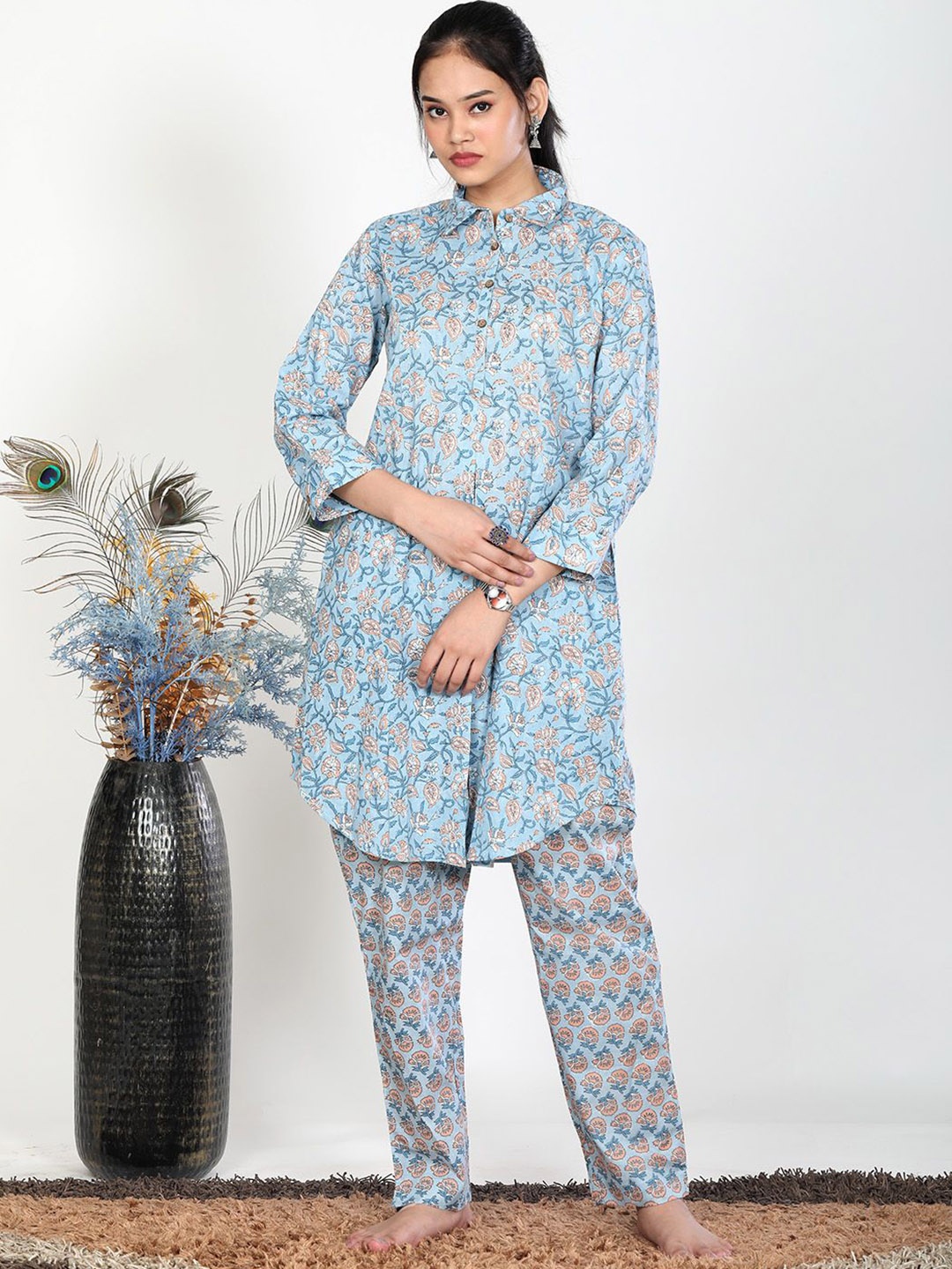 

Llajja Printed Pure Cotton Tunic With Trouser Co-Ords, Blue