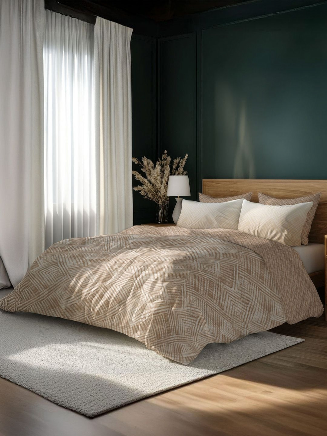

LANE LINEN Brown & White Geometric 400 TC King Bedsheet with 4 Pillow Covers