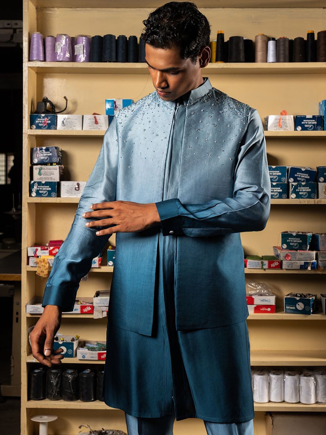 

Project Bandi Embellished Satin Nehru Jacket, Blue
