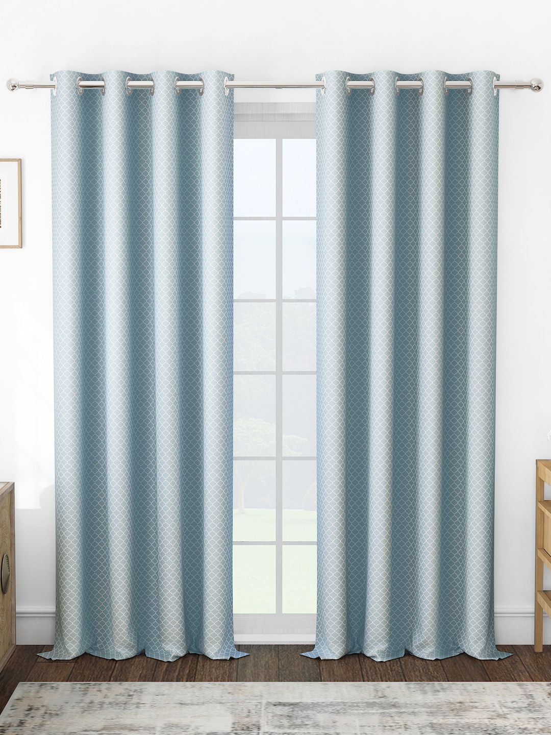 

Story@home Blue & White Set of 2 Geometric Room Darkening Long Door Curtain
