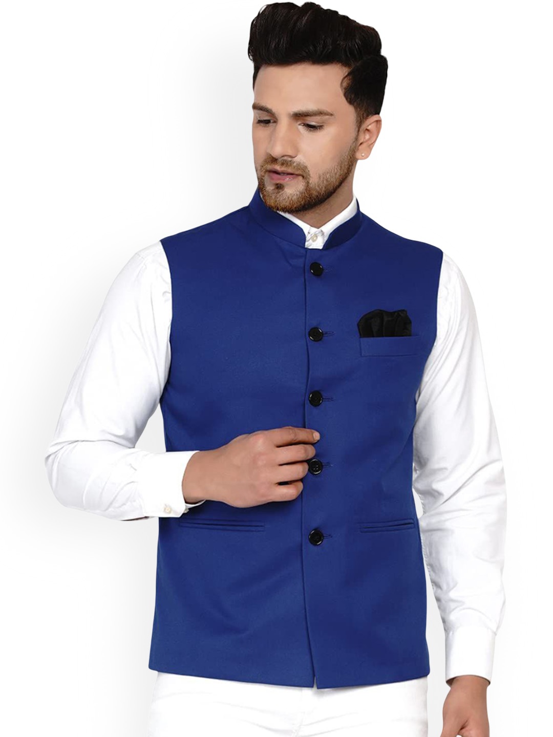 

VEERA PARIDHAAN Cotton Woven Design Mandarin Collar Nehru Jackets, Blue