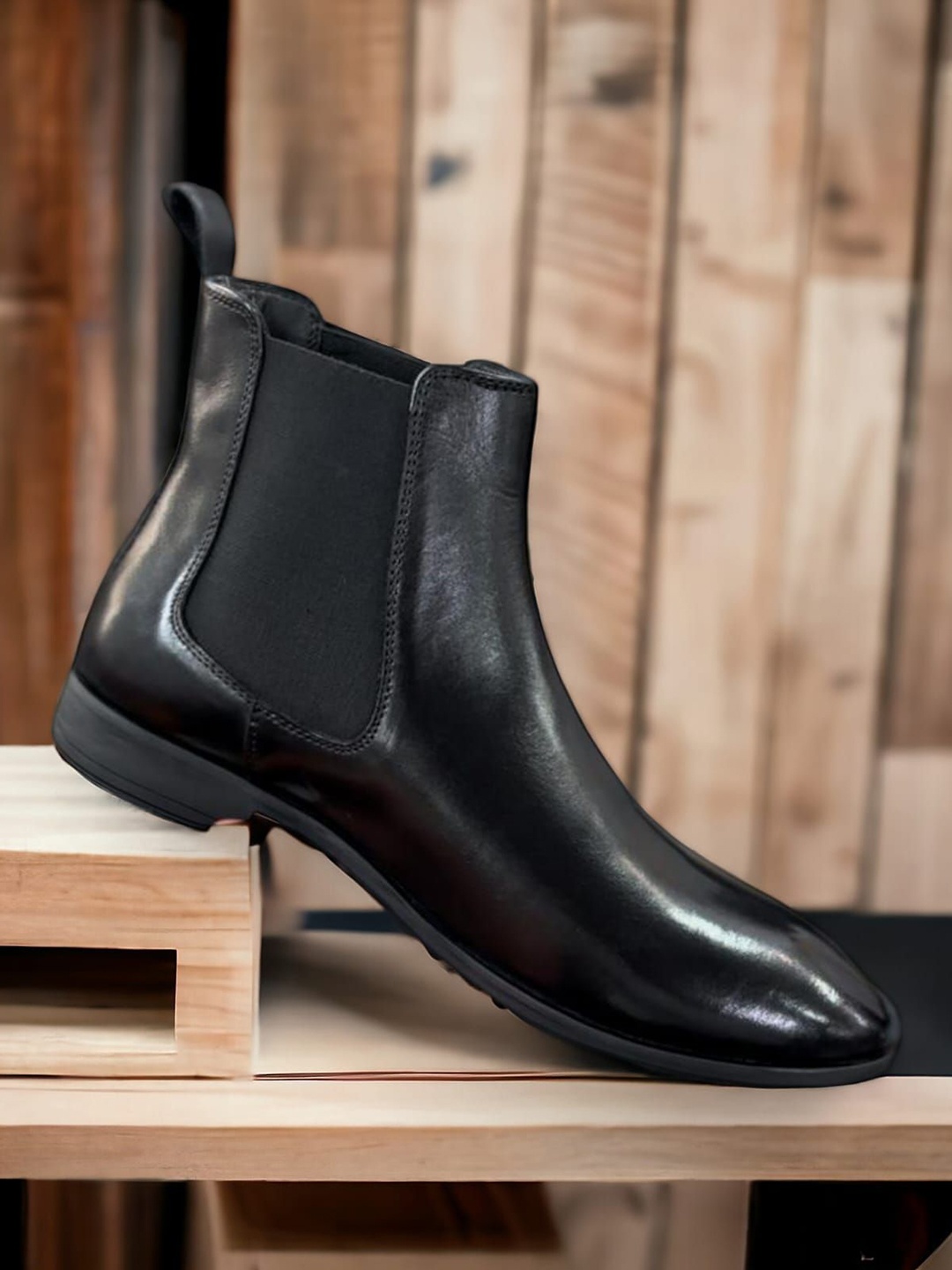 

rishXation Men Leather Casual Block-Heeled Chelsea Boots, Black