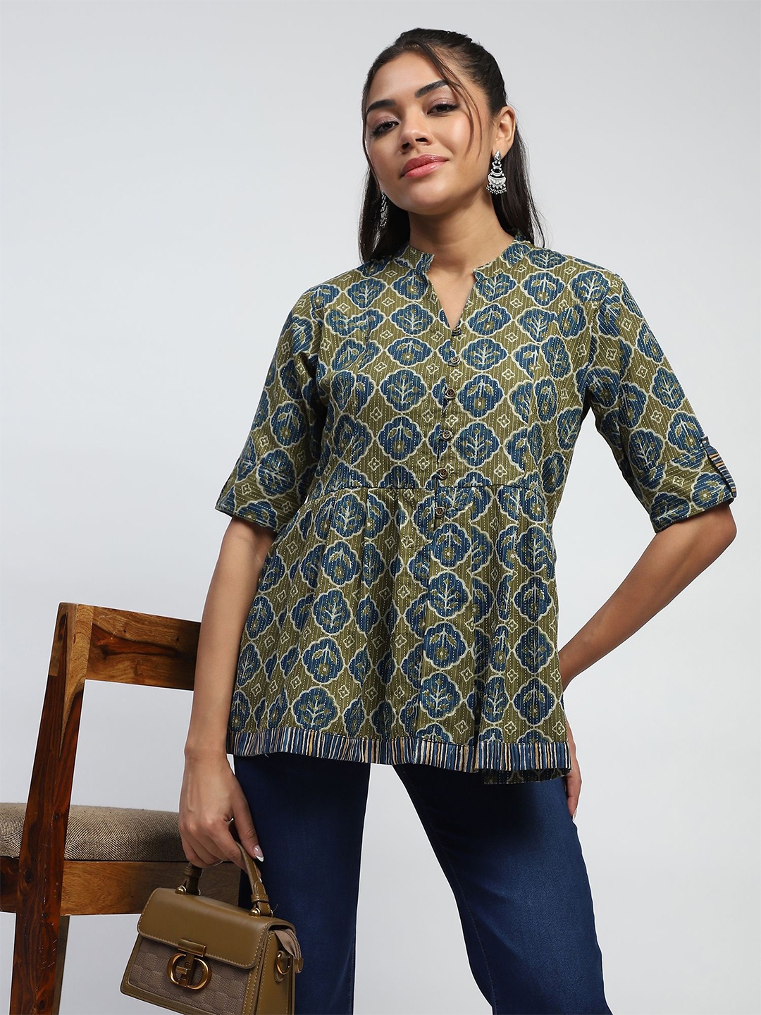 

Me&I Mandarin Collar Printed Tunic, Green
