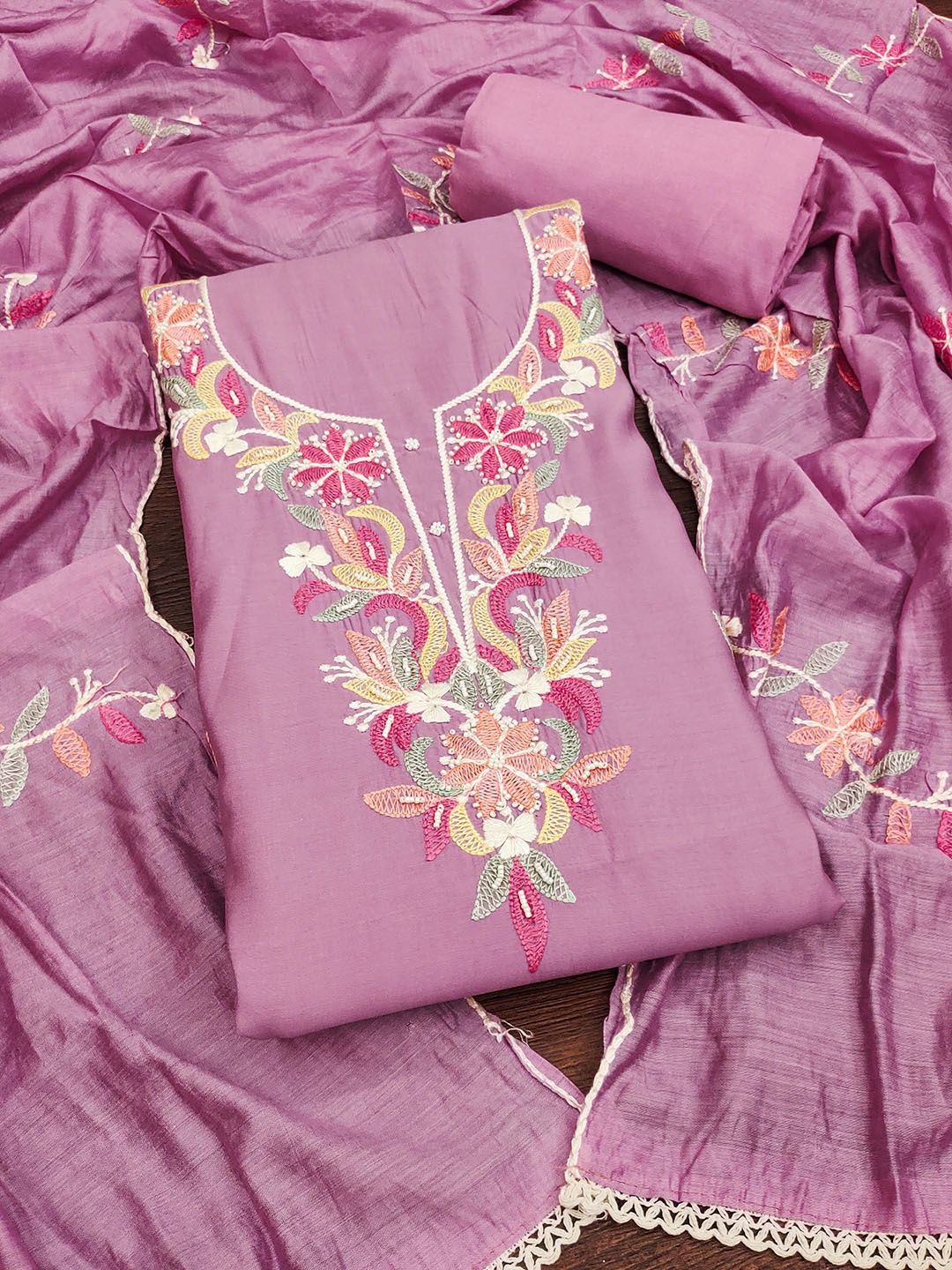

SHADOW & SAINING Embroidered Pure Silk Semi-Stitched Dress Material, Pink