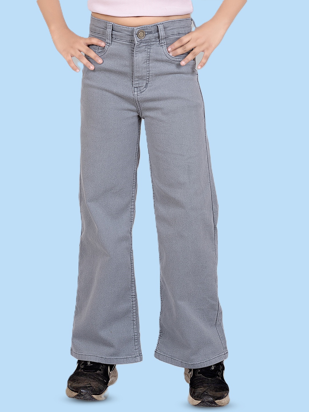 

ADBUCKS Girls Wide Leg High-Rise Stretchable Jeans, Grey