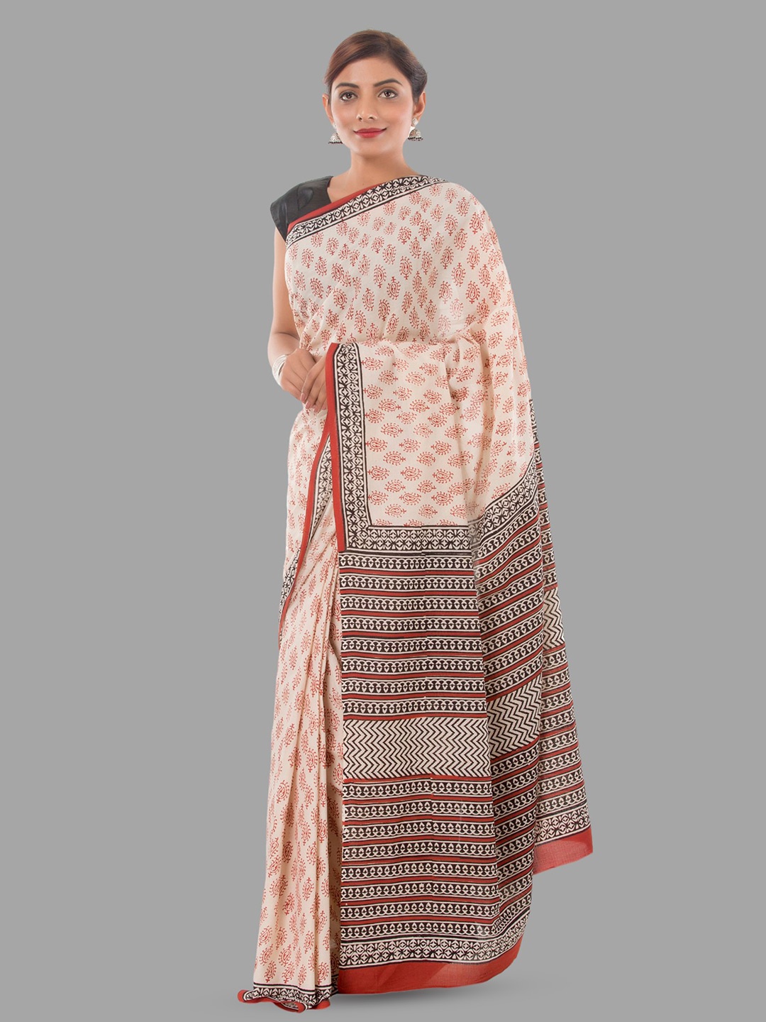 

HANDICRAFT PALACE Ethnic Motifs Pure Cotton Block Print Saree, Beige