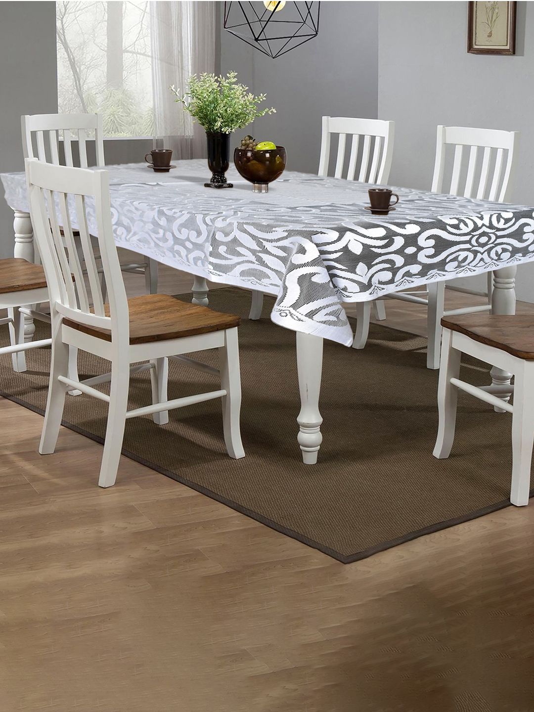 Kuber Industries White Floral Cotton 6-Seater Table Cover