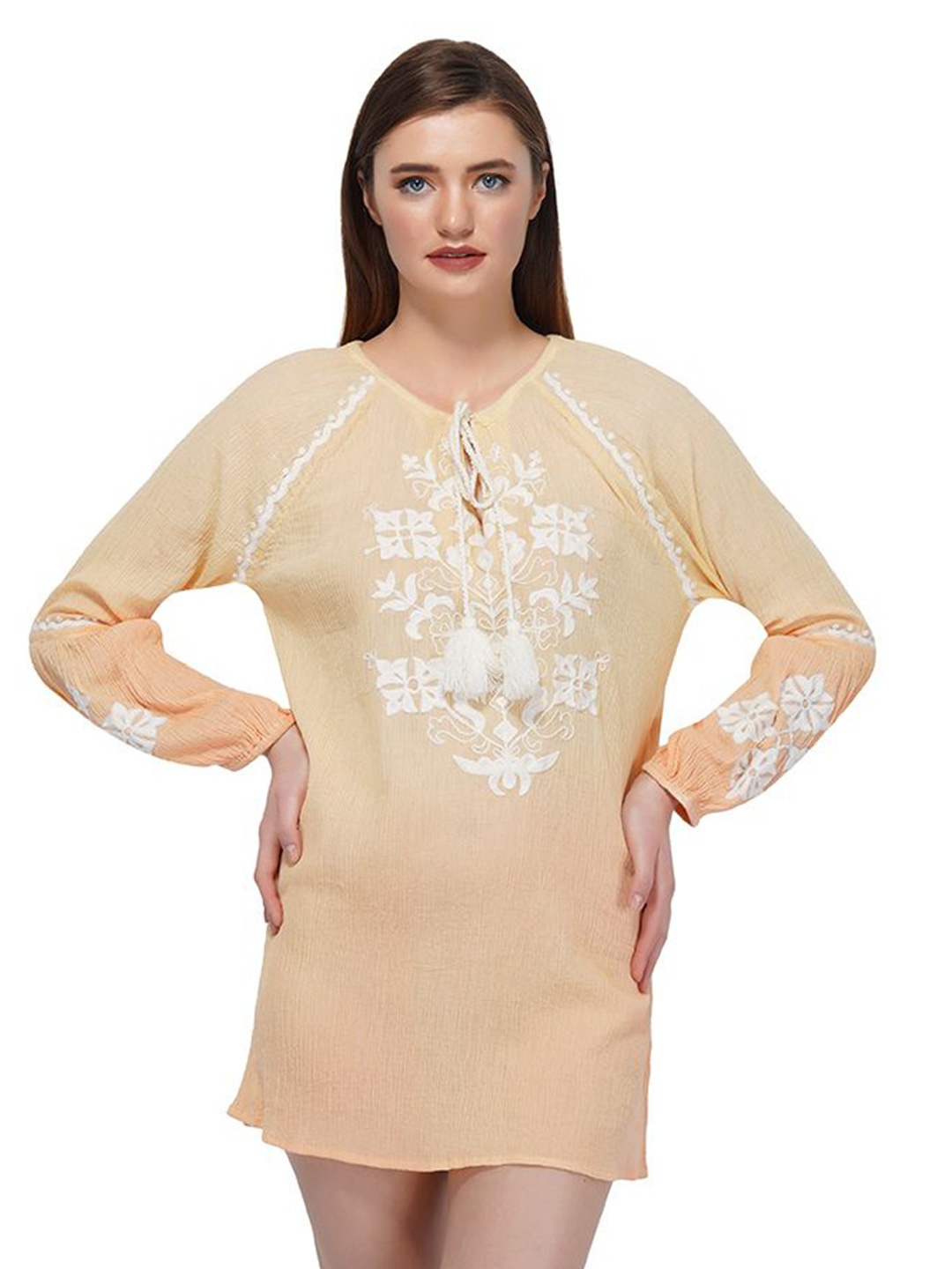 

SZN Embellished Embroidered Cotton Top, Beige