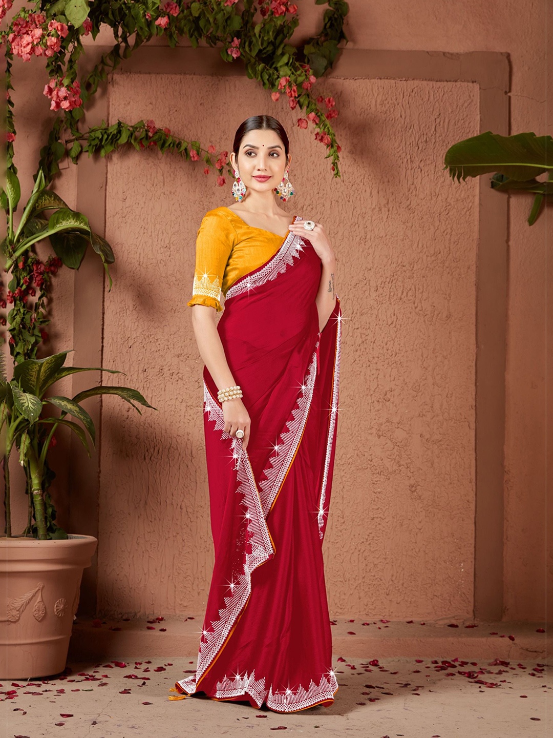 

PAYAL CREATION Beads and Stones Pure Georgette Saree, Red