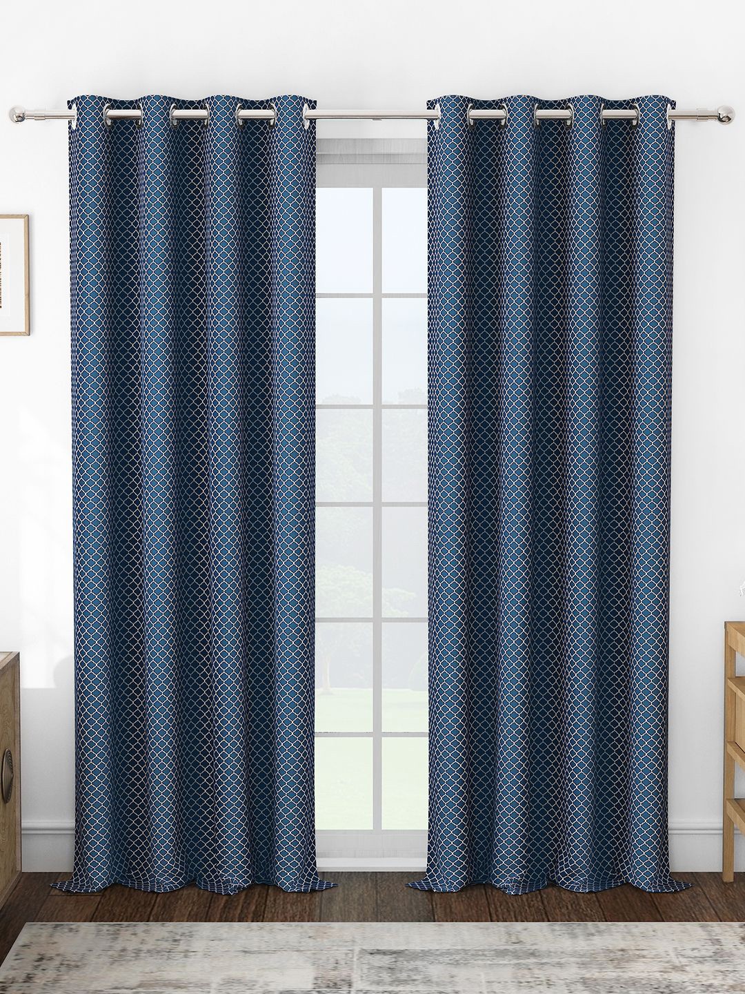 

Story@home Navy Blue & White Set of 2 Room Darkening Long Door Curtain