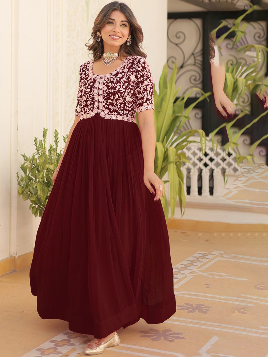 

Anara Women Ethnic Motifs Embroidered Georgette Anarkali Kurta, Maroon