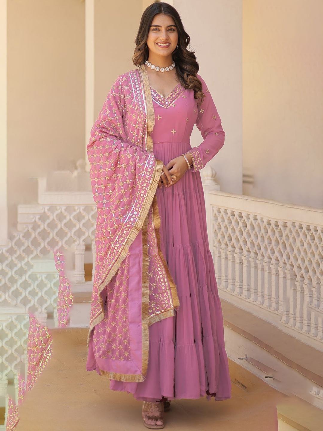 

Anara Women Ethnic Motifs Embroidered Mirror Work Georgette Anarkali Kurta, Pink