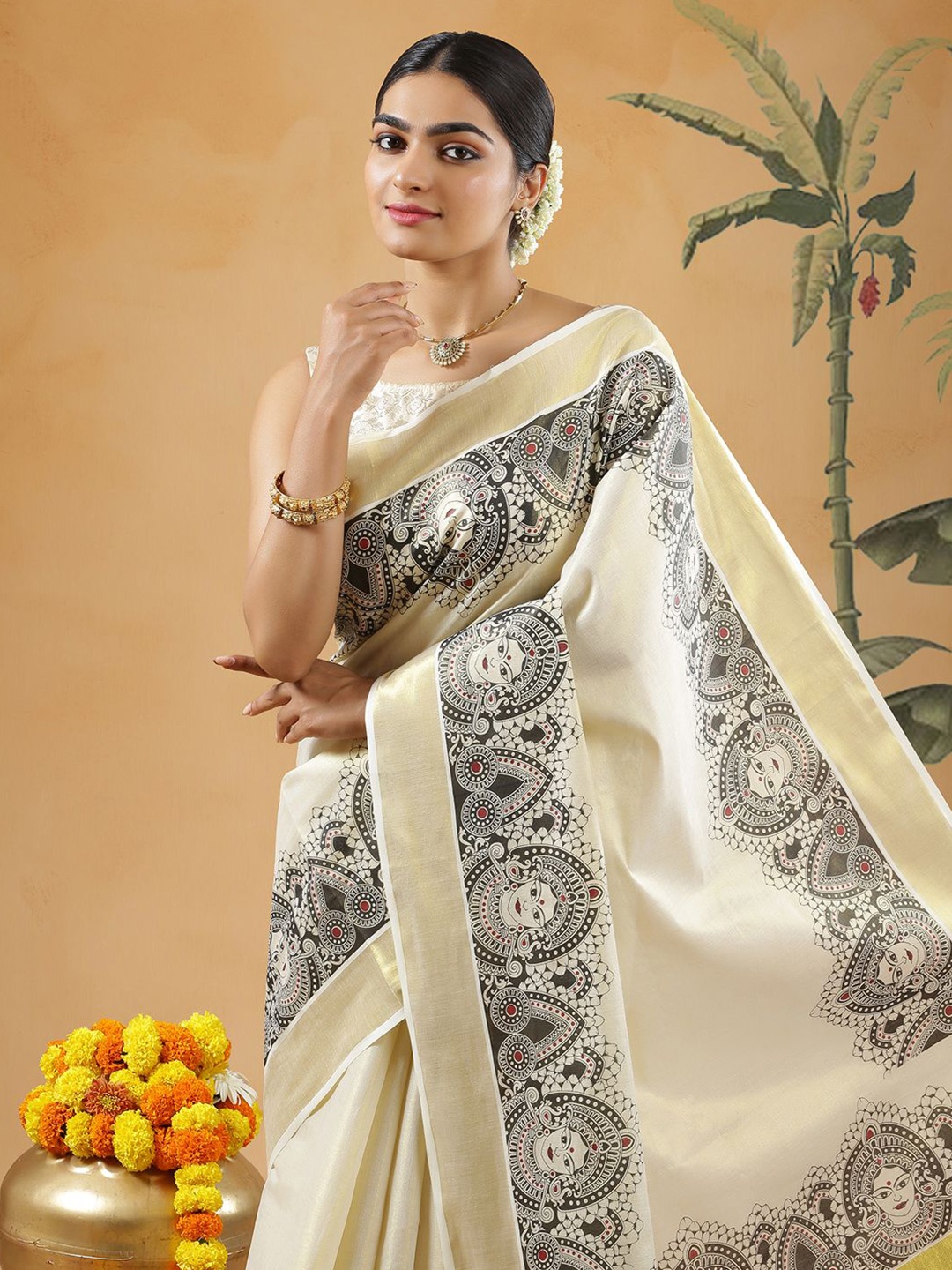 

Kalyan Silks Ethnic Motifs Zari Kasavu Saree, Gold