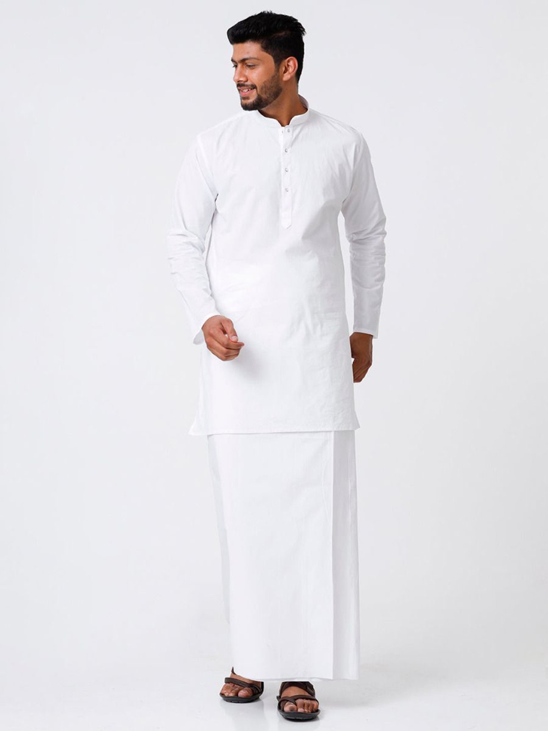 

RAMRAJ Men White Full Sleeves Cotton Kurta with Stitched Prayer Dhoti Combo
