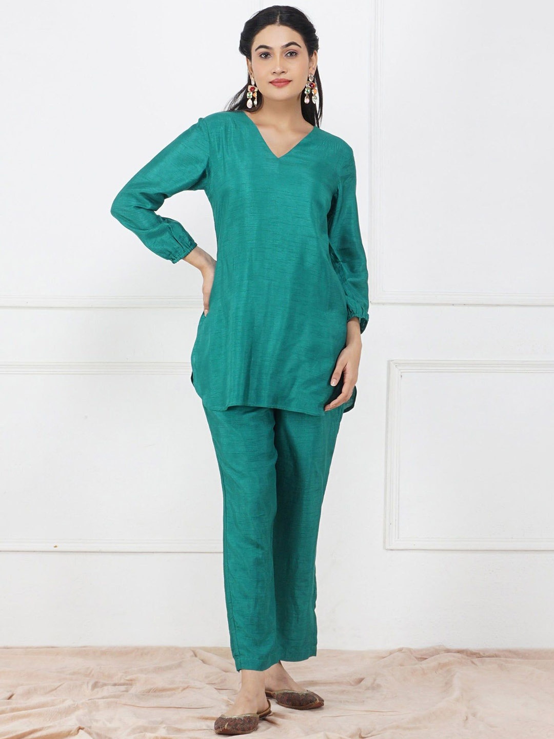 

SEEDS OF FUSION V-Neck Top With Trousers Co-Ords, Blue