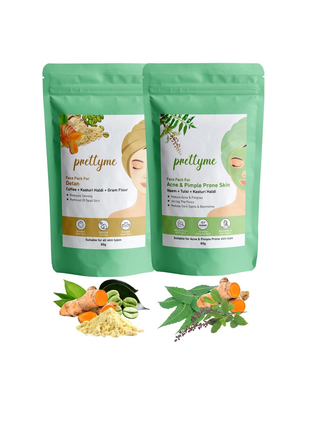 

Prettyme Set Of 2 Coffee Haldi Neem & Tulsi Powder Face Pack - 80 g Each, Cream