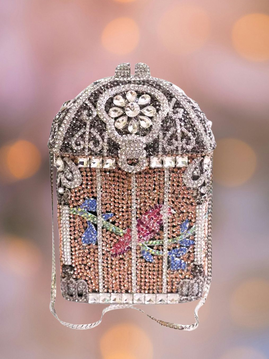 

PURPLE WINGS Ethnic Motifs Embellished Bucket Sling Bag, Silver