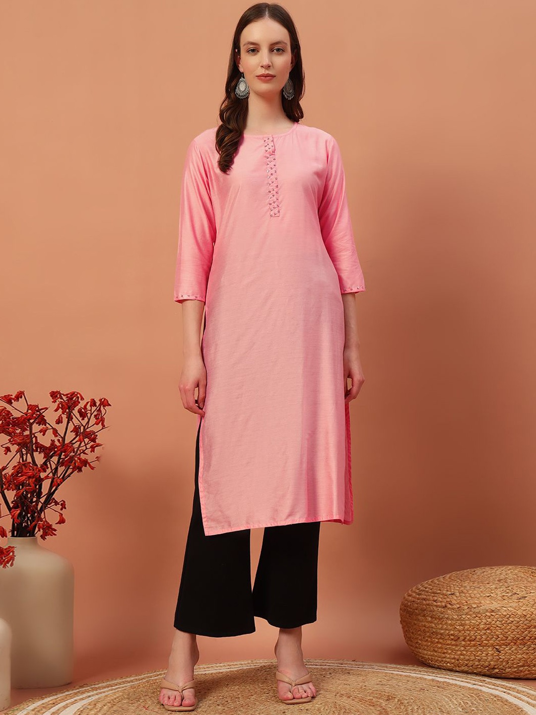 

Rudraaksha Creations Women Flared Sleeves Kurta, Pink