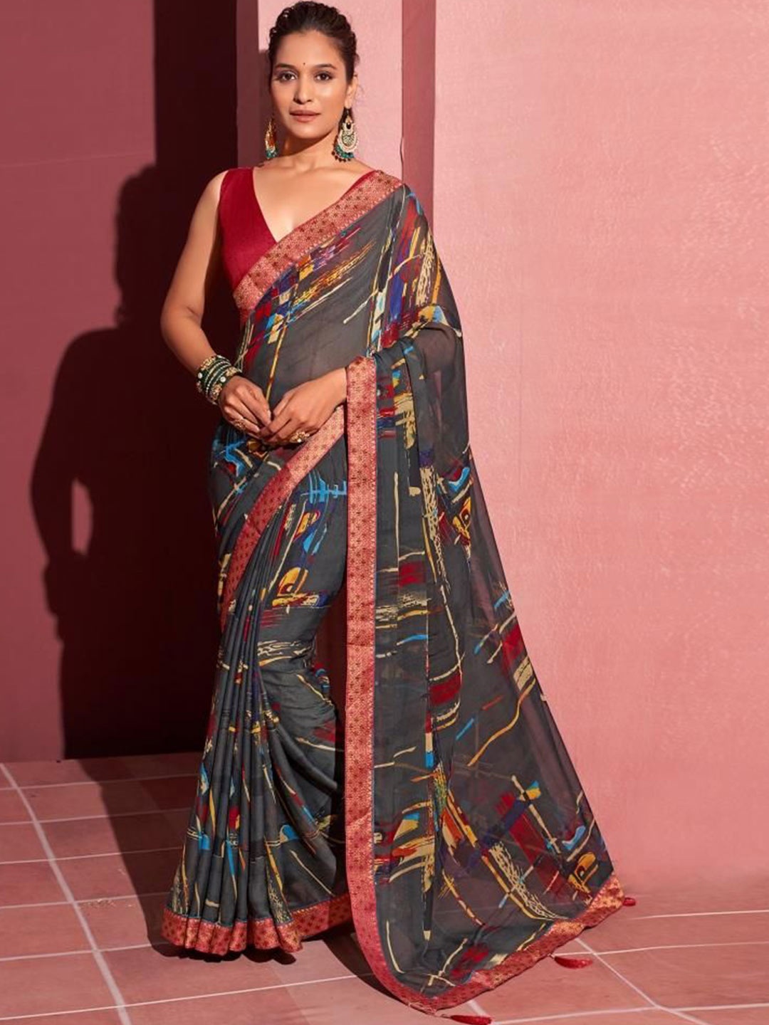 

Styleveda Zari Pure Georgette Block Print Saree, Black