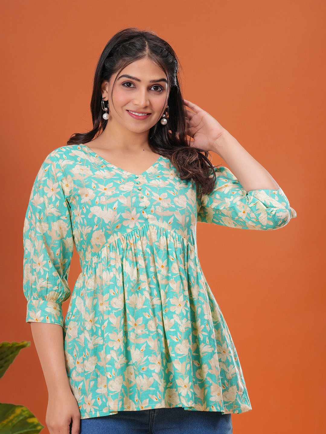 

Aktasa Floral Print Cotton Top, Blue