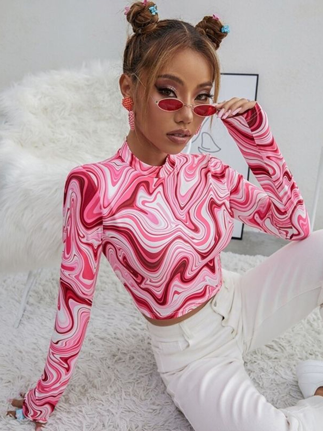

NiloBerry Bell Sleeve Crop Top, Pink