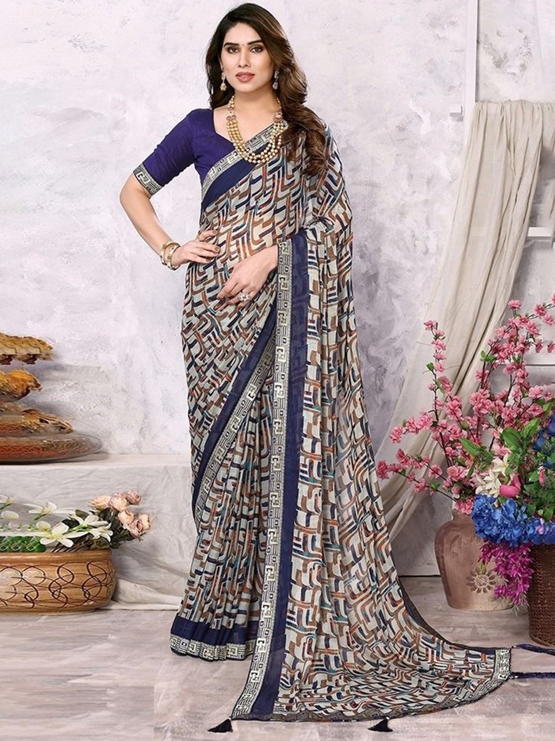 

Styleveda Pure Georgette Block Print Saree, Grey