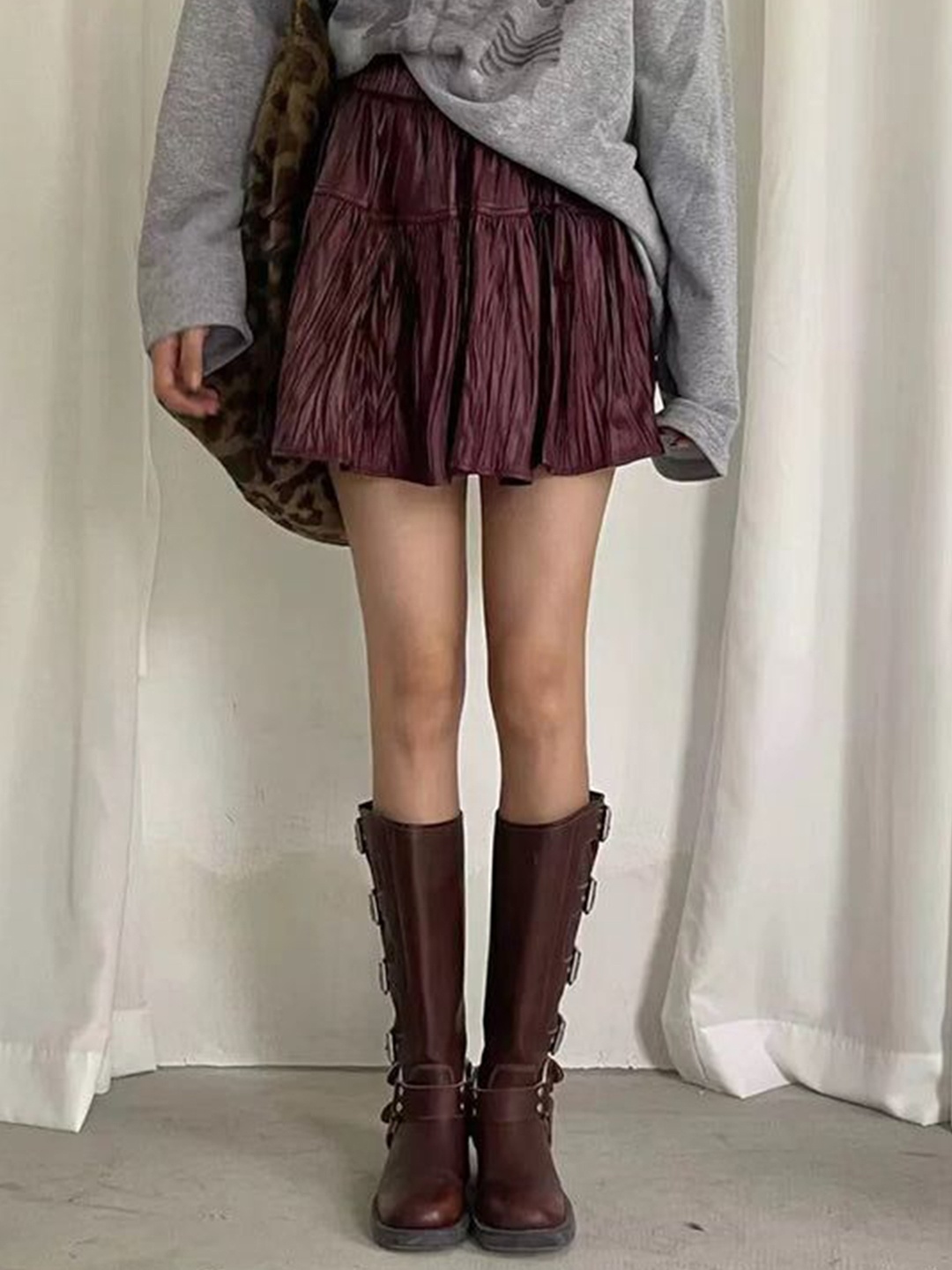 

PANKH PU Leather Skirt Skort, Maroon