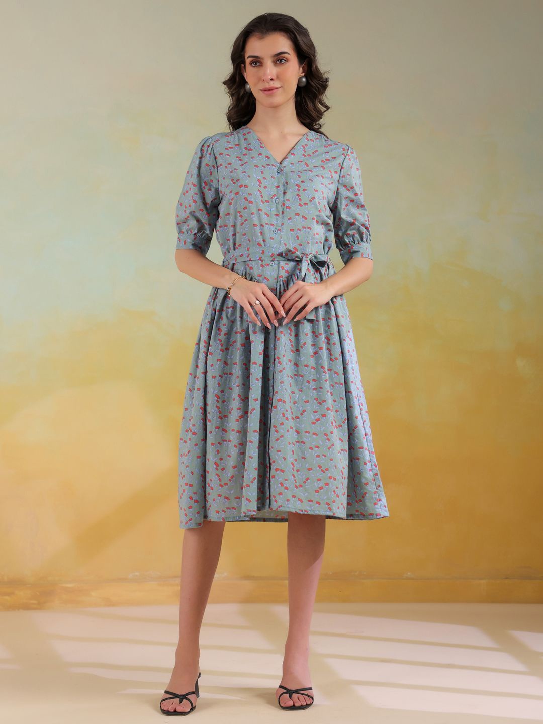 

SANSKRUTIHOMES Floral Print A-Line Dress, Blue